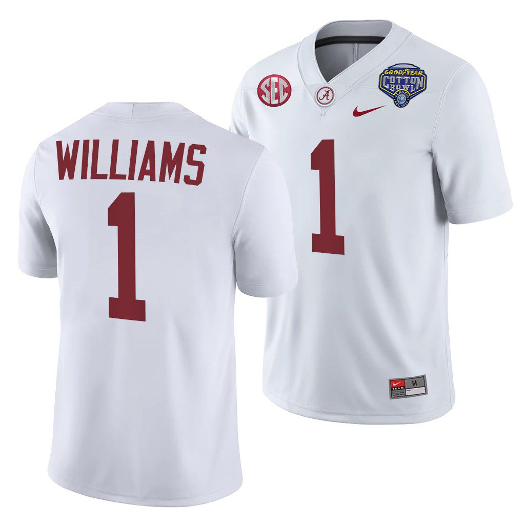 Men's Alabama Crimson Tide Jameson Williams #1 White 2021 Cotton Bowl Playoff NCAA College Football Jersey